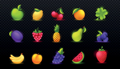 Game fruits set. Collection of icons for online casino and slot machines on copy space. Gambling and fortune, luck. Apple, pineapple, pear. Cartoon 3D vector illustrations on transparent background