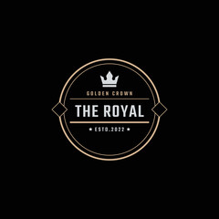 Golden King Crown Royal Vintage Retro Classic Luxury Label Logo Design Linear Style