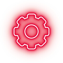 Neon red gear cog icon, glowing settings icon on transparent background