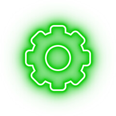 Neon green gear cog icon, glowing settings icon on transparent background