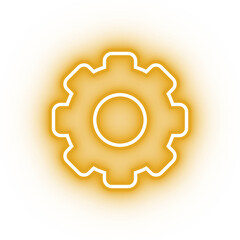 Neon yellow gear cog icon, glowing settings icon on transparent background