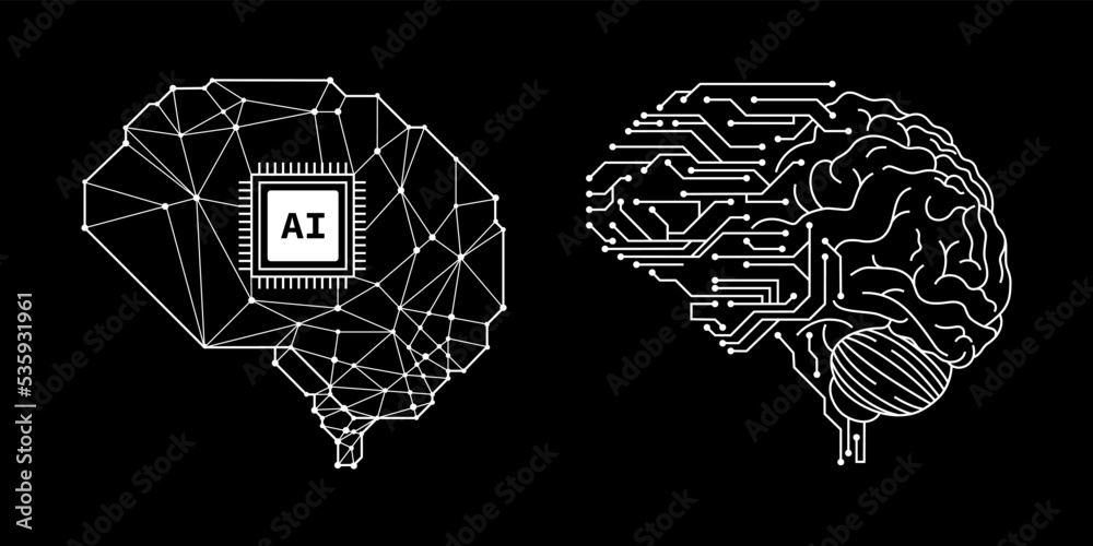 Poster brain in style of Printed circuit board outline illustration. Futuristic artificial intelligence design theme. Modern technology networking for design element