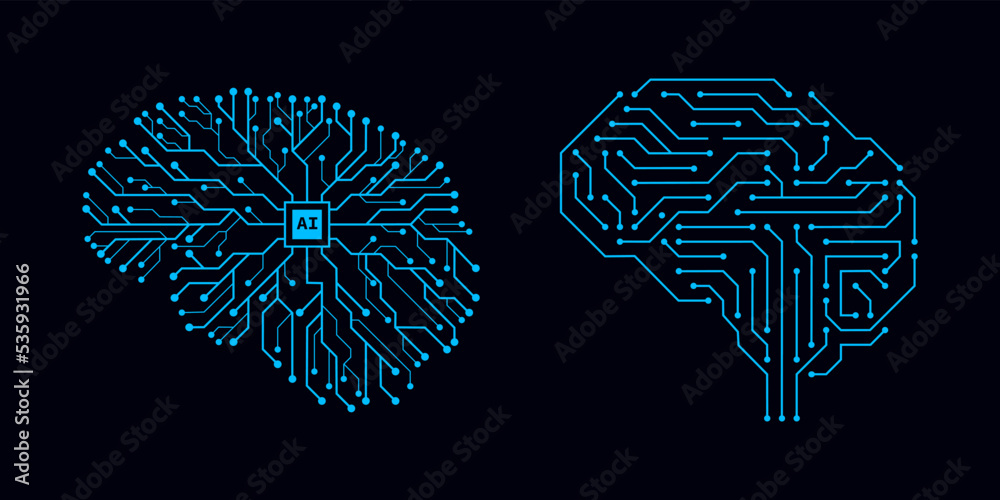 Aufkleber brain in style of Printed circuit board outline illustration. Futuristic artificial intelligence design theme. Modern technology networking for design element