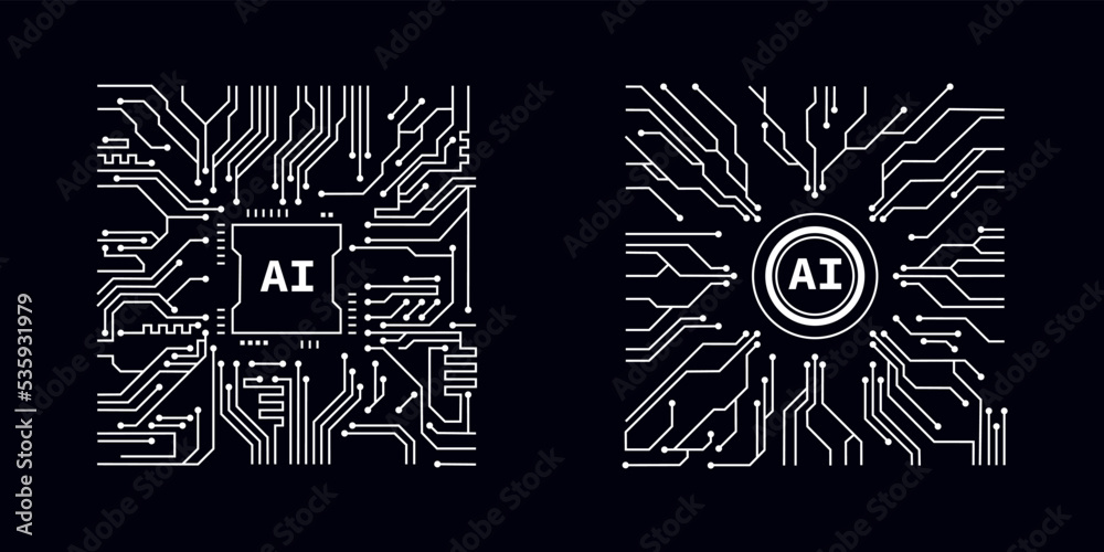Poster Processor in style of Printed circuit board outline illustration. Futuristic artificial intelligence design theme. Modern technology networking for design element
