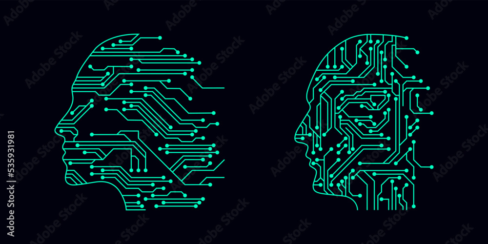 Leinwandbilder head in style of Printed circuit board outline illustration. Futuristic artificial intelligence design theme. Modern technology networking for design element