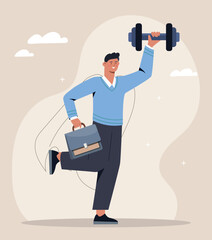 Business strengths concept. Businessman or entrepreneur with dumbbell and briefcase in his hands. Leadership and motivation. Financial literacy and economics. Cartoon flat vector illustration