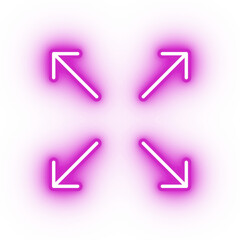 Neon pink expand icon, glowing zoom icon on transparent background