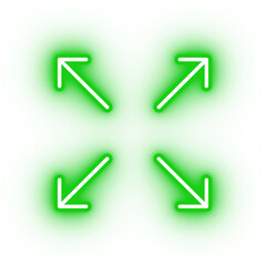 Neon green expand icon, glowing zoom icon on transparent background