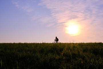 朝日の中江戸川の土手サイクリング