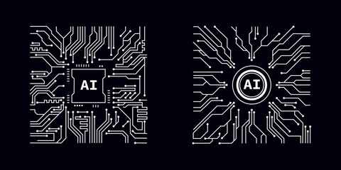 Processor in style of Printed circuit board outline illustration. Futuristic artificial intelligence design theme. Modern technology networking for design element