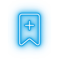 Neon blue bookmark icon, glowing add bookmark icon on transparent background