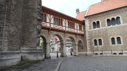 Fototapeta na wymiar Bridge, Arches, people, buildings at braunschweig, germany