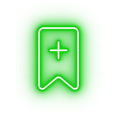 Neon green bookmark icon, glowing add bookmark icon on transparent background