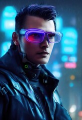 Obraz na płótnie Canvas Portrait of a man wearing a cyberpunk headset, neon virtual glasses, and cyberpunk gear. A high-tech futuristic man from the future. The concept of virtual reality and cyberpunk. 3D rendering.