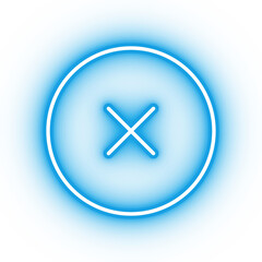 Fototapeta premium Neon blue remove button icon, glowing x icon on transparent background