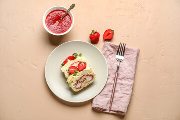 Composition with plate of tasty strawberry roll cake and jam on color background