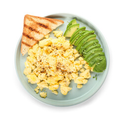 Plate of tasty scrambled eggs, avocado and toast on white background