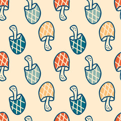 Retro style checkered mushrooms seamless pattern. Autumn print for tee, paper, fabric, textile. Hand drawn vector illustration for decor and design.