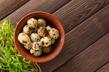 Bowl with fresh quail eggs on wooden background