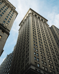 Looking up at buildings in the Financial District, Manhattan, New York