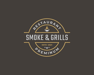 Fototapeta premium Vintage Retro Badge Emblem Grill Barbeque BBQ Fire flame Logo Design Linear Style