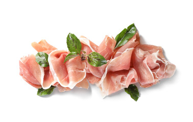 Heap of sliced ham with basil on white background