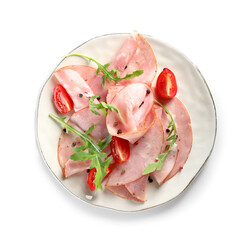 Plate with slices of tasty ham on white background