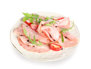 Plate with slices of tasty ham on white background