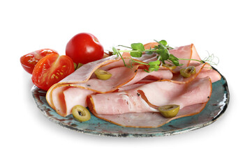Plate with slices of tasty ham isolated on white background, closeup
