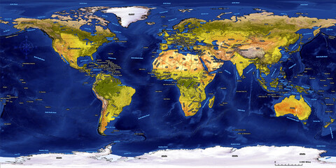 World Political Map with every country names labeled and boundary lines on large and detailed Satellite image (41 MP). Includes dependencies and Island countries.