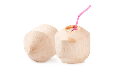  Fresh young coconut with straw on a white background.
