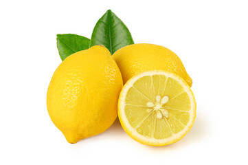 Naklejka na ściany i meble Lemon with half and leaves on white background. 