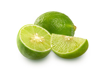 Fresh lime fruit with cut in half isolated on white background.
