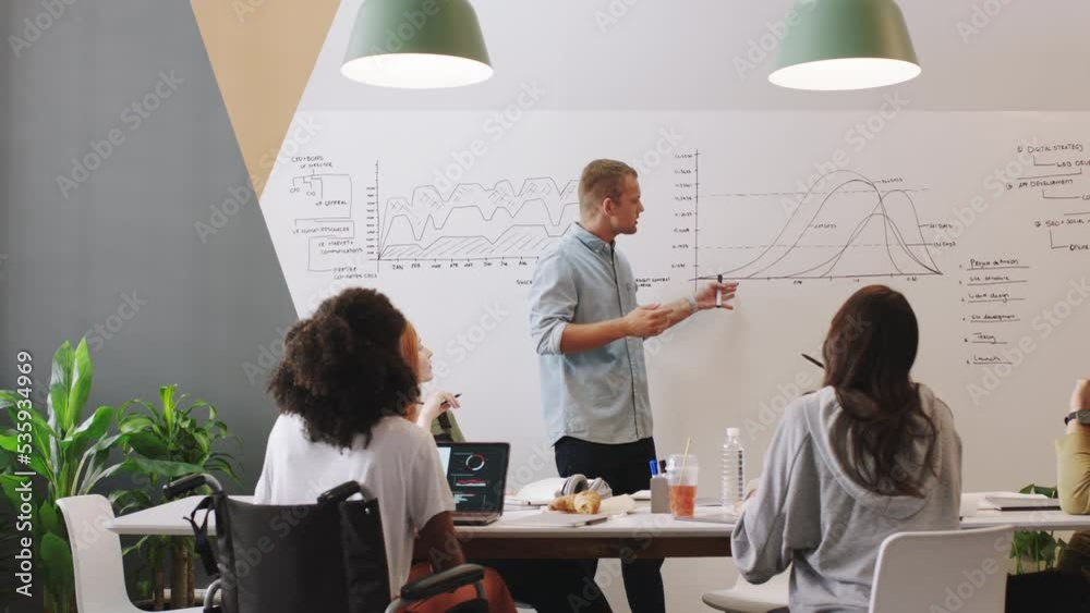 Poster Business, team and accounting statistics strategy presentation with a worker speaker in a meeting. Teamwork, startup and collaboration teaching seminar with analytics workers in a finance workshop