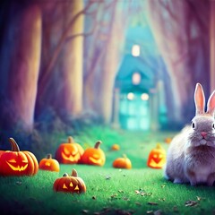 White cute rabbit, green lawn, small Halloween pumpkins - 535935115