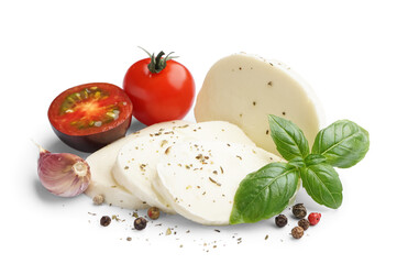 Tasty mozzarella cheese with tomatoes and spices on white background