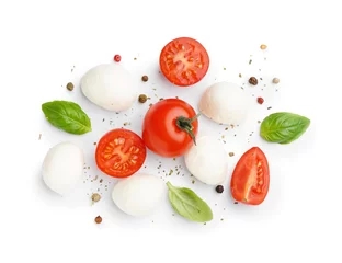 Foto op Plexiglas Tasty mozzarella cheese, tomatoes and spices isolated on white background © Pixel-Shot