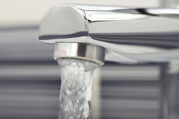 Water flowing from tap on blurred background, closeup