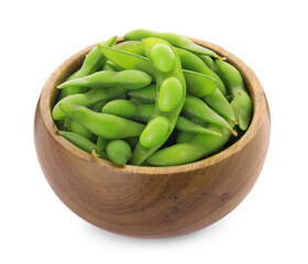 Bowl with green edamame pods on white background