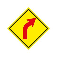 Yellow right turn sign. Attention sign. Vector illustration. Stock image. 