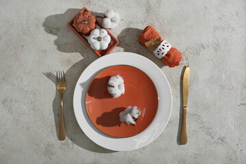Beautiful autumn table setting with cotton flowers on grunge background