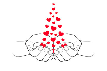 Red hearts are falling in cupped palms over white background