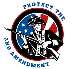 graphic design illustration of an American revolutionary soldier with rifle flag with wording text protect the 2nd amendment