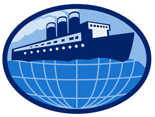  illustration of an Ocean liner boat ship at sea with globe set inside an ellipse