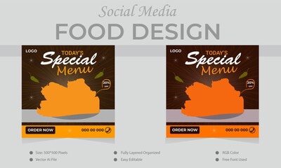  Social media post design template and Popular Food design banner for social media post of restaurant and fast food. modern design burger  chicken.
