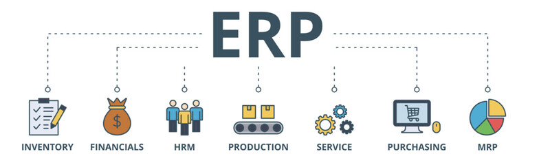 ERP banner web icon vector illustration concept for enterprise resource planning with icon of inventory, financials, hrm, production, service, purchasing, and mrp