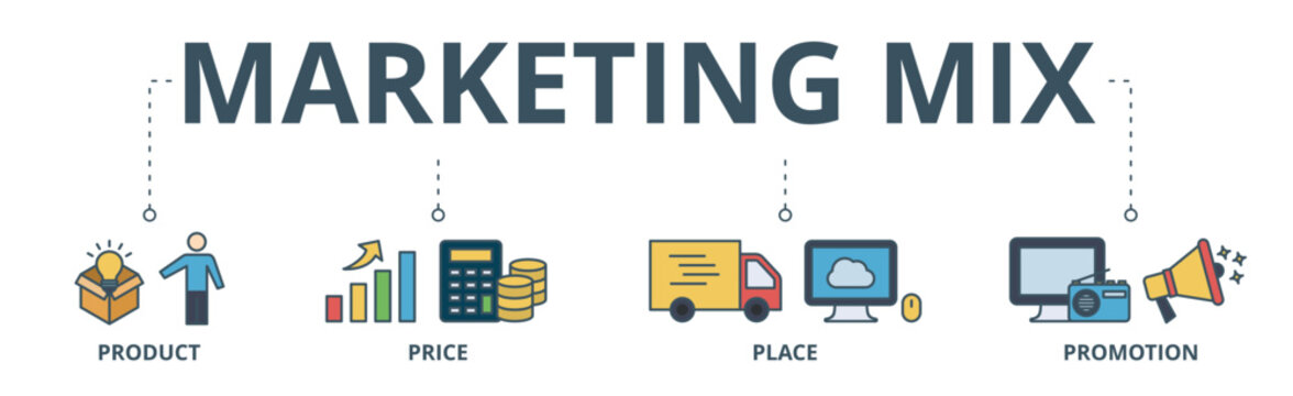 Marketing mix 4P banner web icon vector illustration concept with icon of product, price, place, and promotion