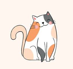 Colorful cat icon. Friendly gray orange white kitten, love for animals and mammals, adorable pet. Sticker for social networks. Cheerful and greeting character. Cartoon flat vector illustration