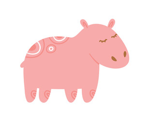 Cute pink hippopotamus. Charming toy or mascot for children. Minimalistic style. Poster or banner for website. Animals, fauna and wildlife. Social media sticker. Cartoon flat vector illustration