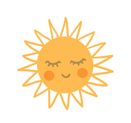 Cute sun icon. Summer or spring season. Good weather. Graphic elements for printing on clothes. Childrens minimalist drawing, hand drawn. Social media sticker. Cartoon flat vector illustration